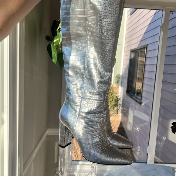 Silver Croc-Embossed Knee-High Boots - Picture 5 of 8